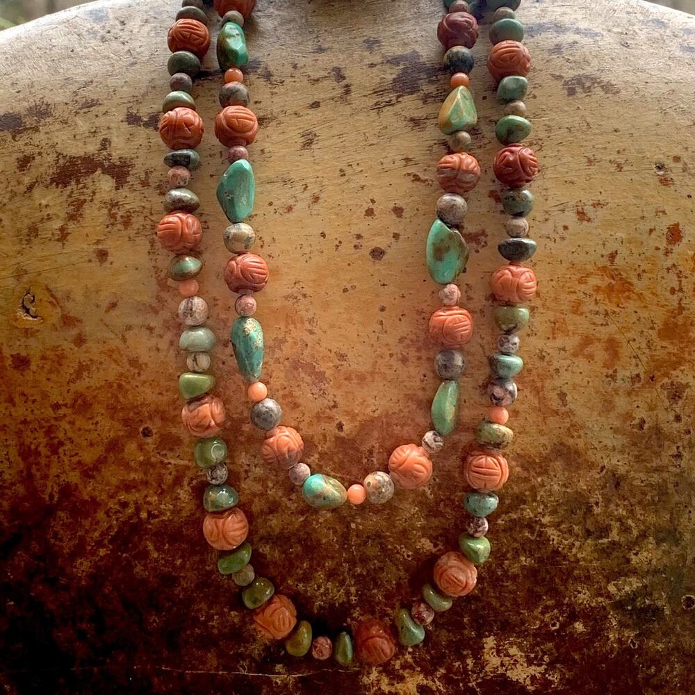 Jay King Necklace Coral and Turquoise Carved Multi Strand Statement Vintage